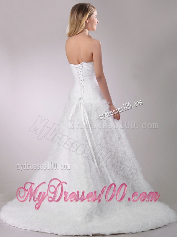 Romantic Beaded and Ruffled Rolling Flowers Wedding Dress with Brush Train