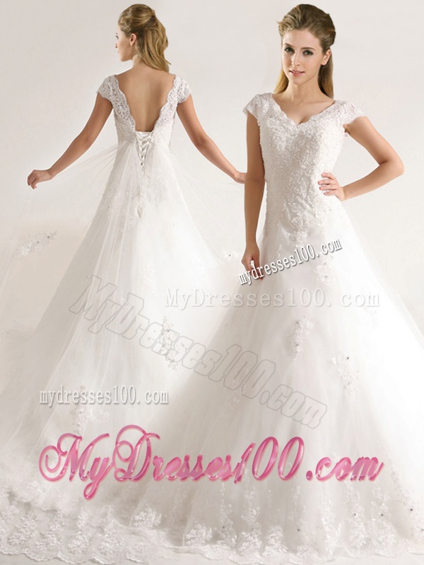 Romantic Laced and Applique Short Sleeves Wedding Dresses with Court Train