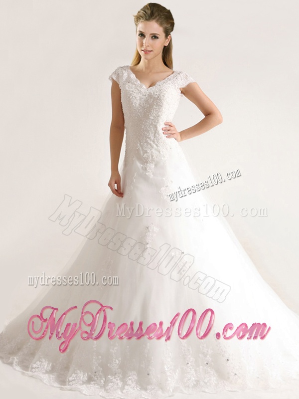 Romantic Laced and Applique Short Sleeves Wedding Dresses with Court Train
