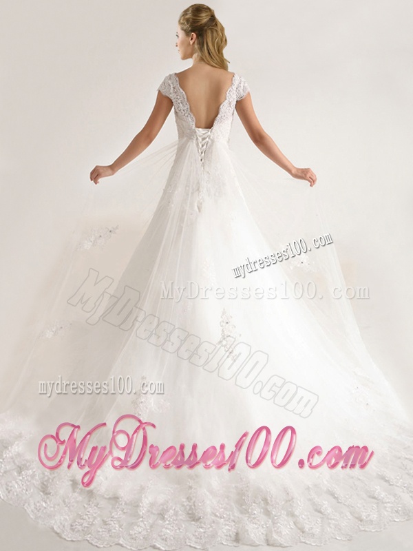 Romantic Laced and Applique Short Sleeves Wedding Dresses with Court Train