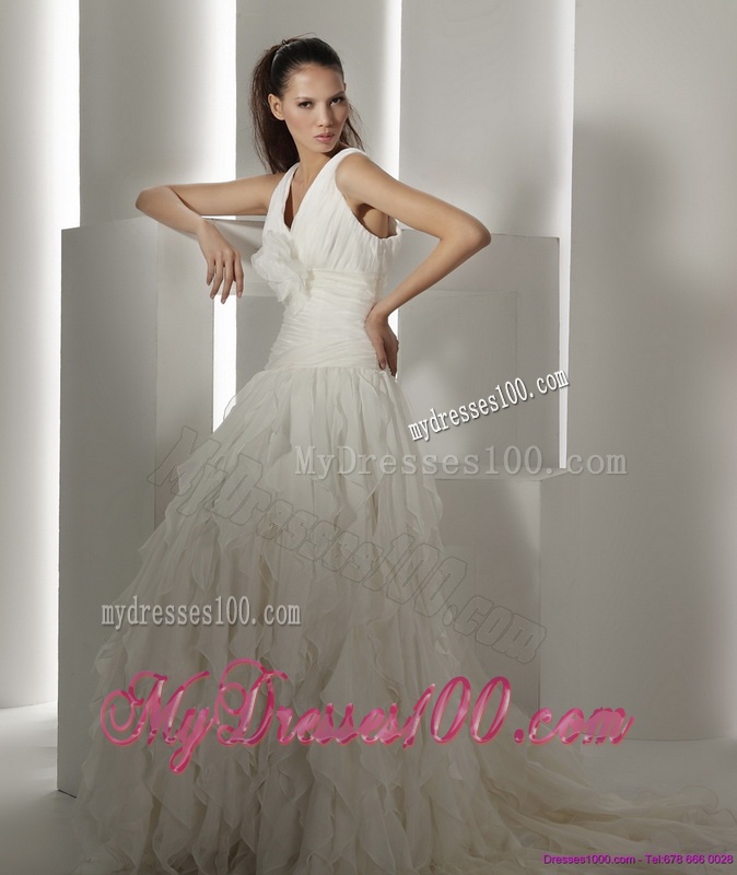 Ruffled Brush Train White Wedding Dresses with Hand Made Flower
