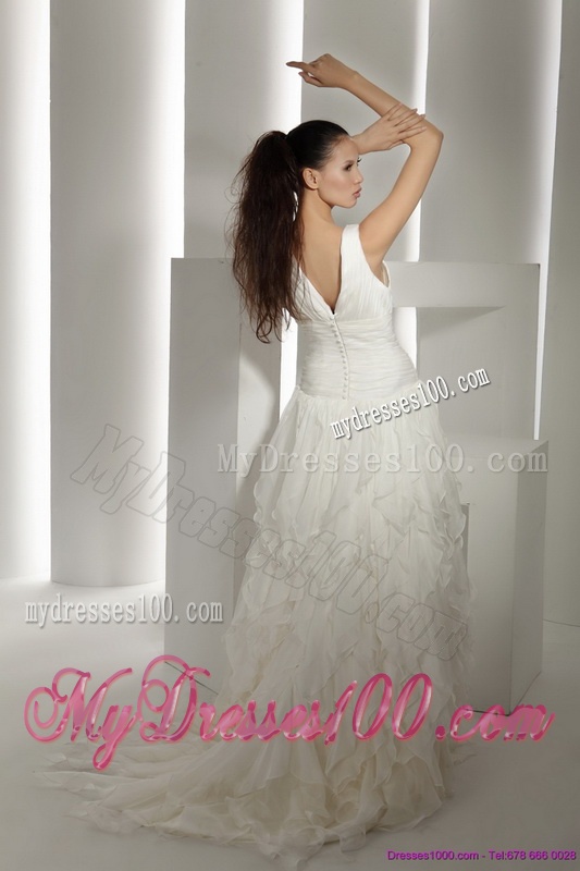 Ruffled Brush Train White Wedding Dresses with Hand Made Flower