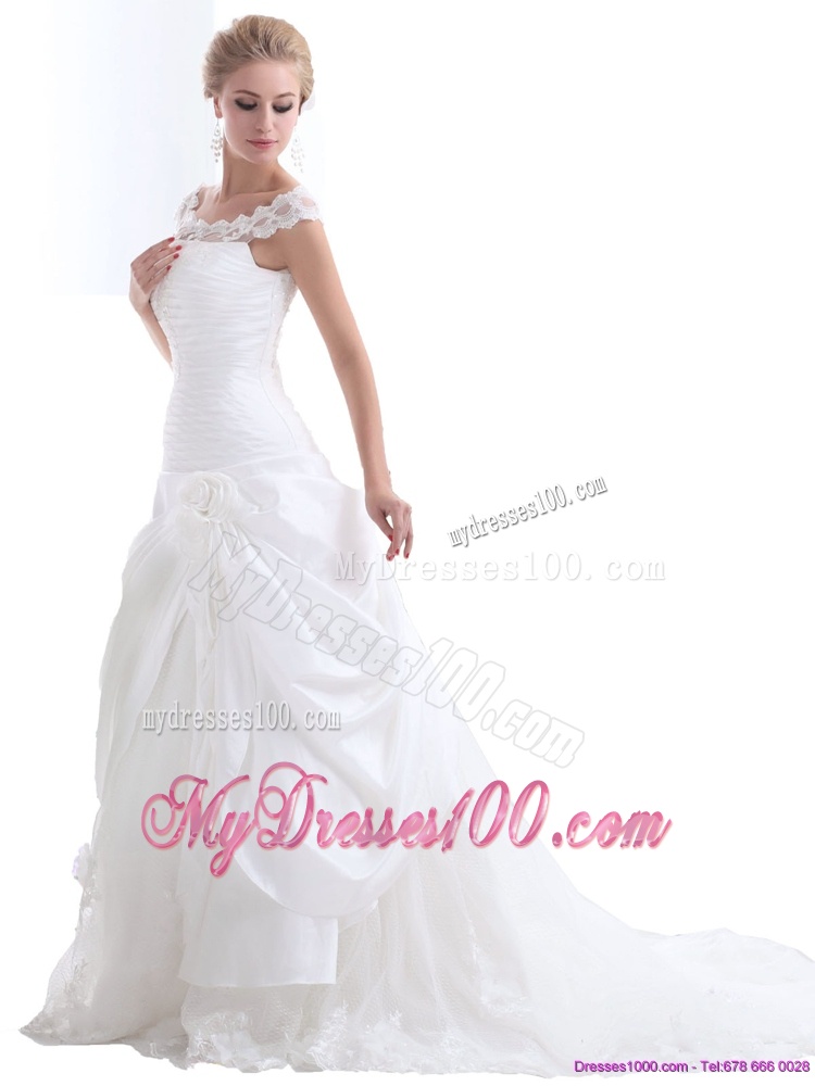 Ruffled White Wedding Dresses with Brush Train and Hand Made Flower