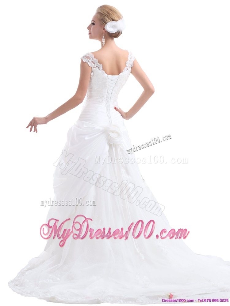Ruffled White Wedding Dresses with Brush Train and Hand Made Flower