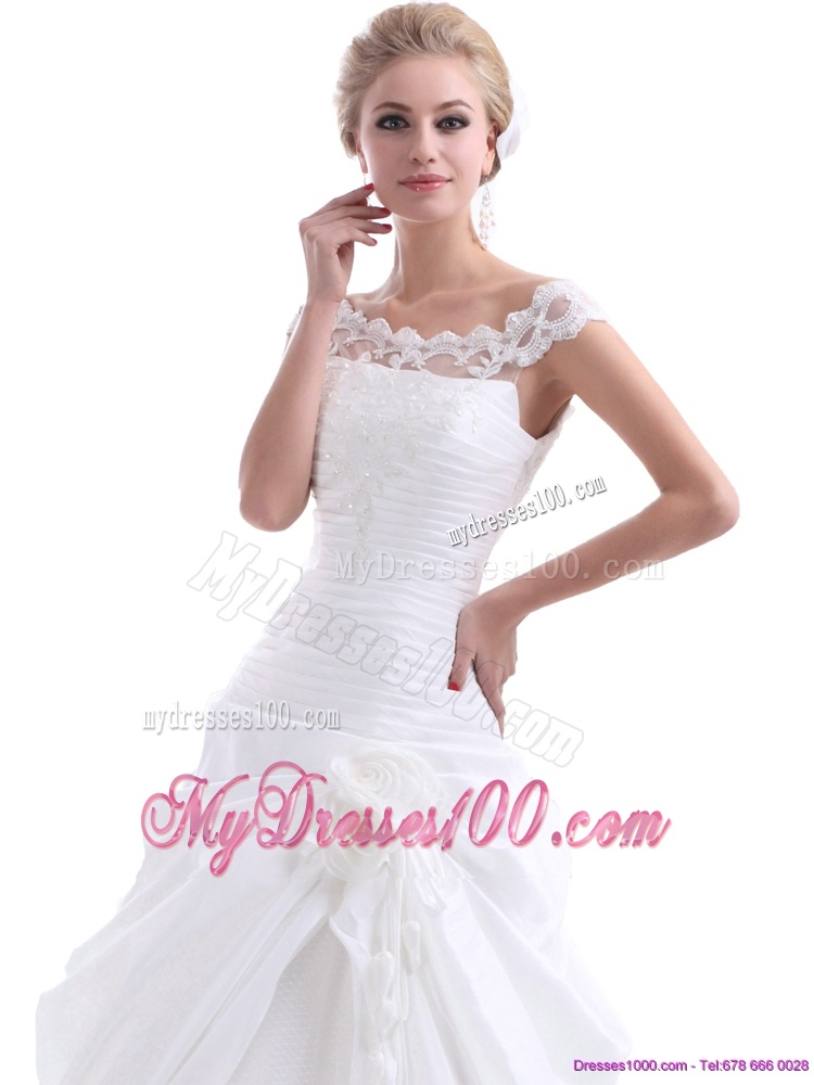 Ruffled White Wedding Dresses with Brush Train and Hand Made Flower