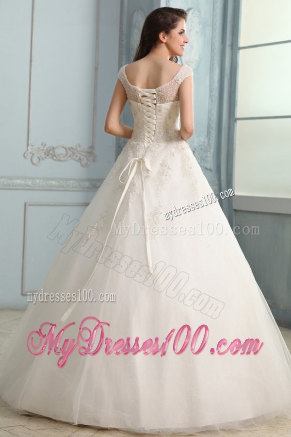 Scoop Ball Gown Champagne Appliques and Beading Floor-length Wedding Dress
