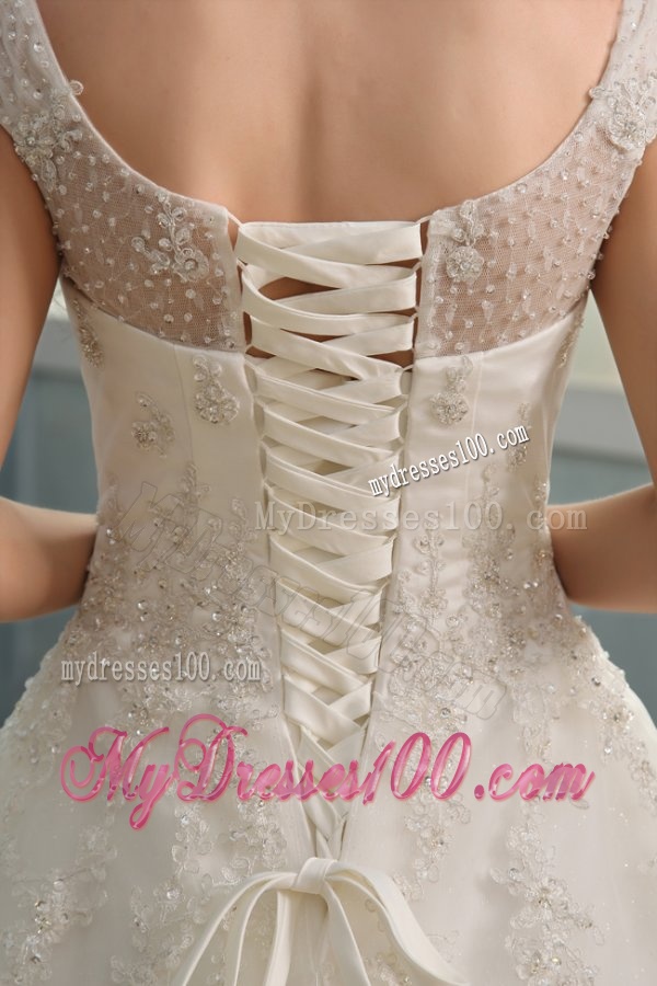 Scoop Ball Gown Champagne Appliques and Beading Floor-length Wedding Dress