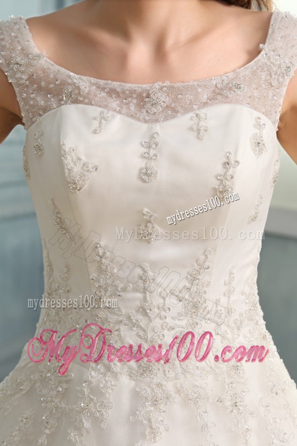 Scoop Ball Gown Champagne Appliques and Beading Floor-length Wedding Dress