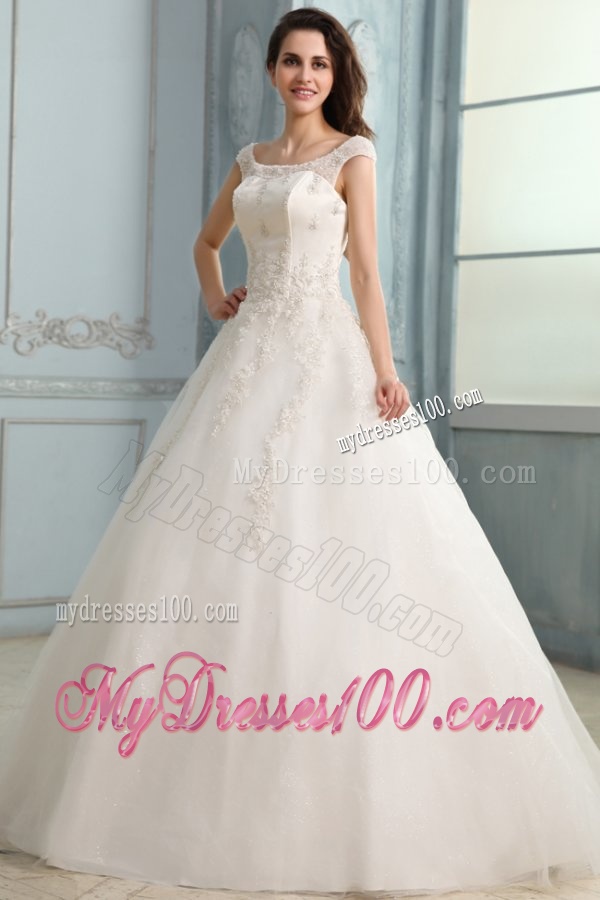 Scoop Ball Gown Champagne Appliques and Beading Floor-length Wedding Dress
