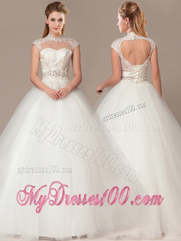 See Through Beaded Decorate Waist High Neck Shade Back Wedding Dresses with Appliques