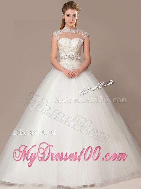 See Through Beaded Decorate Waist High Neck Shade Back Wedding Dresses with Appliques