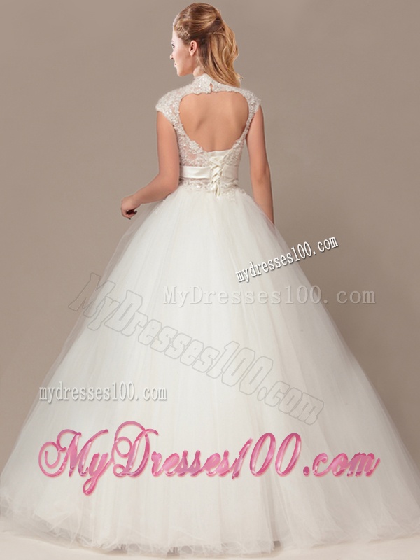 See Through Beaded Decorate Waist High Neck Shade Back Wedding Dresses with Appliques