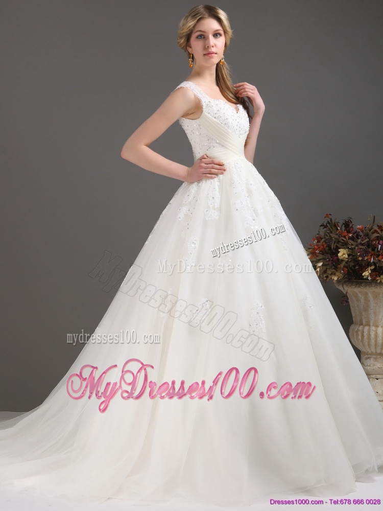 Sequines Lace Sweetheart White Wedding Dresses with Brush Train