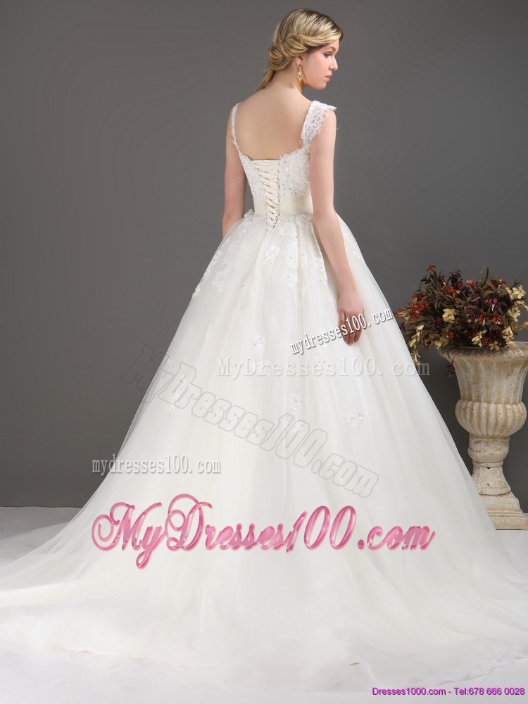 Sequines Lace Sweetheart White Wedding Dresses with Brush Train