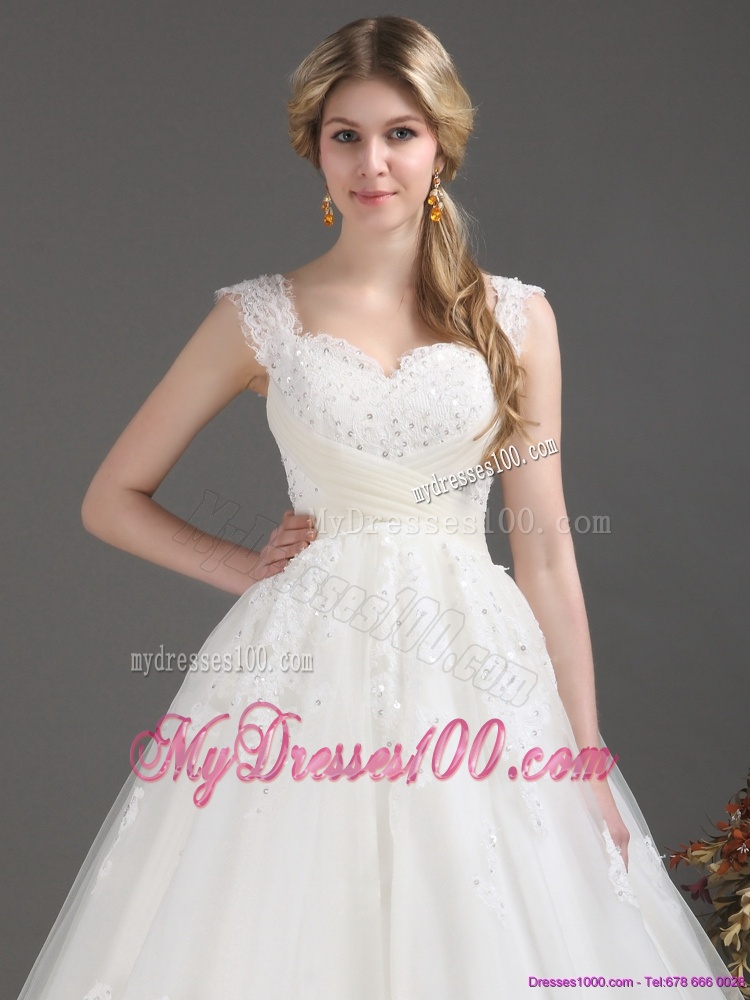 Sequines Lace Sweetheart White Wedding Dresses with Brush Train