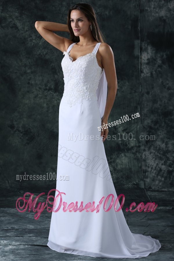 Simple Column Straps Chiffon Brush Train Lace Zipper Up Wedding Dress