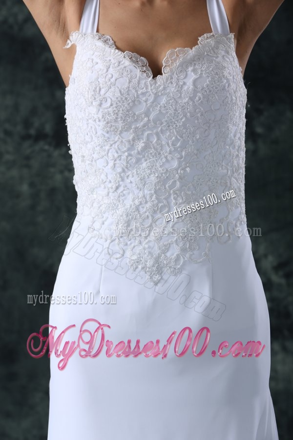Simple Column Straps Chiffon Brush Train Lace Zipper Up Wedding Dress