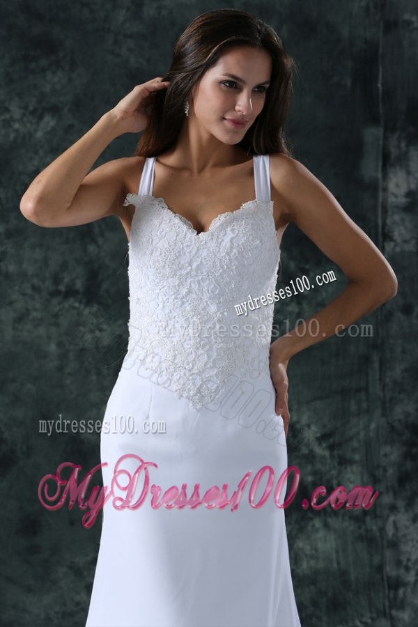 Simple Column Straps Chiffon Brush Train Lace Zipper Up Wedding Dress