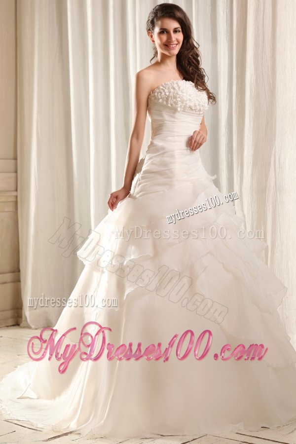 Strapless A-line Hand Made Flowers Sweep Train Wedding Dress