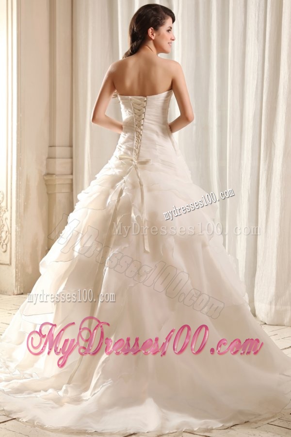 Strapless A-line Hand Made Flowers Sweep Train Wedding Dress