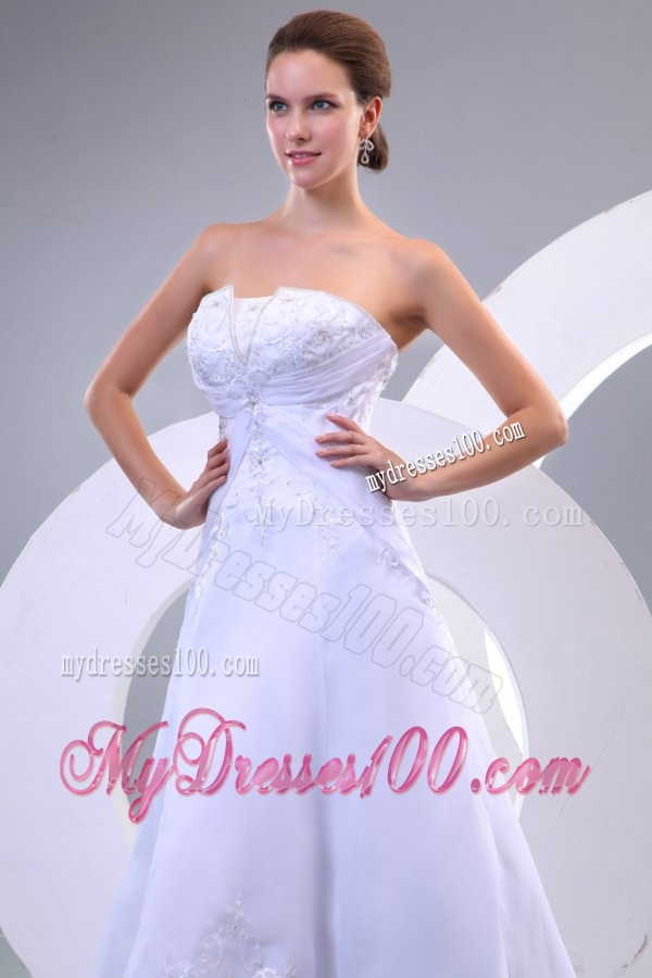 Strapless A-line Sweep Train Wedding Dress with Appliques and Beading