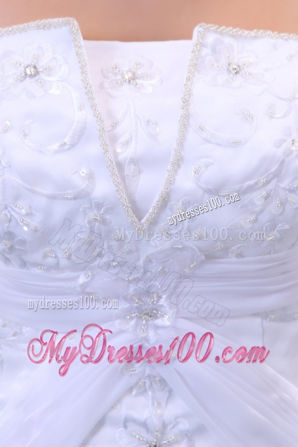 Strapless A-line Sweep Train Wedding Dress with Appliques and Beading