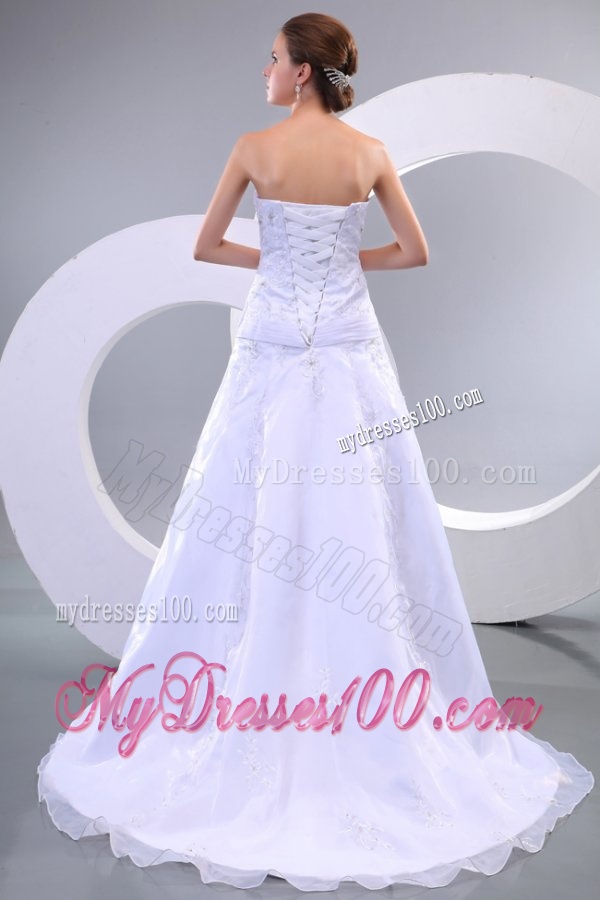 Strapless A-line Sweep Train Wedding Dress with Appliques and Beading