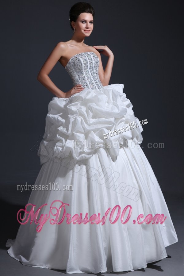 Strapless Ball Gown Beaded Decorate Bodice Taffeta Wedding Dress