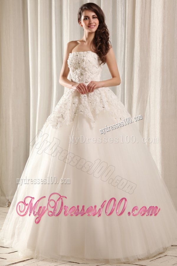 Strapless Ball Gown Floor-length Wedding Dress with Beading and Flowers