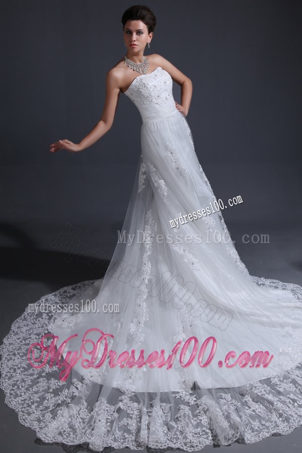 Strapless Mermaid Lace Appliques Wedding Dress with Chapel Train