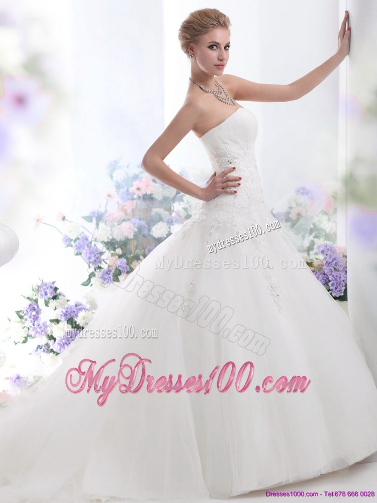 White Strapless Wedding Dresses with Sequins and Brush Train