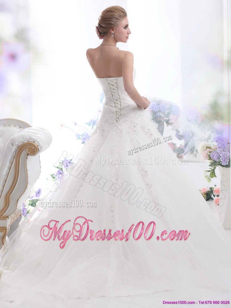 White Strapless Wedding Dresses with Sequins and Brush Train