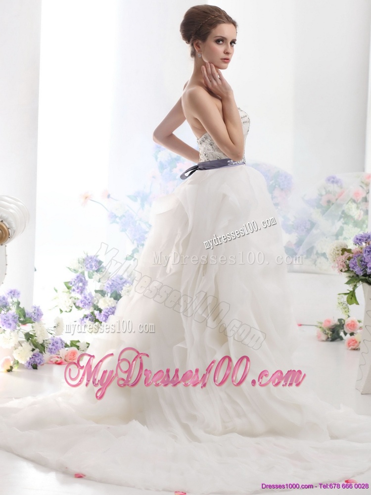 White Sweetheart Brush Train Wedding Dresses with Rhinestones and Sash
