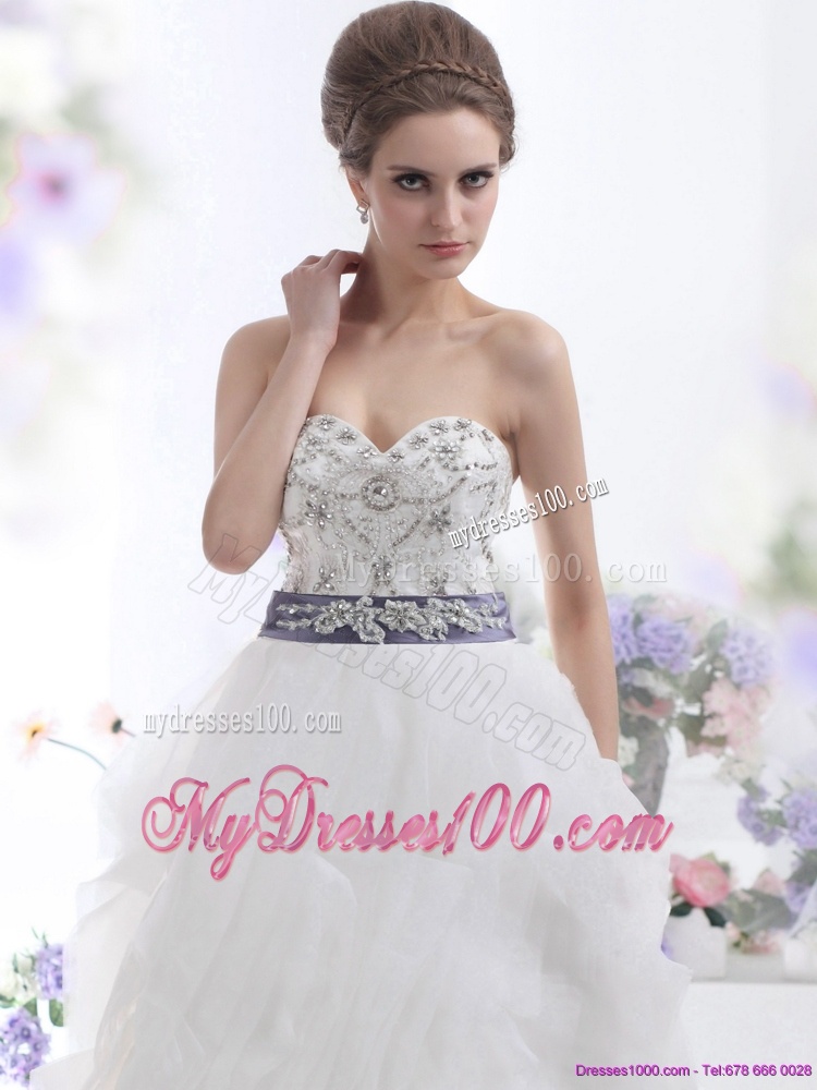 White Sweetheart Brush Train Wedding Dresses with Rhinestones and Sash