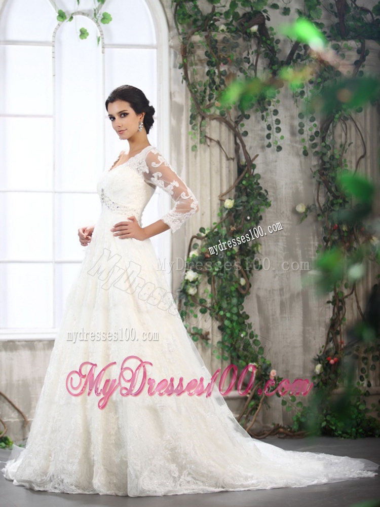 White V Neck Lace Wedding Dresses with Brush Train and Beading