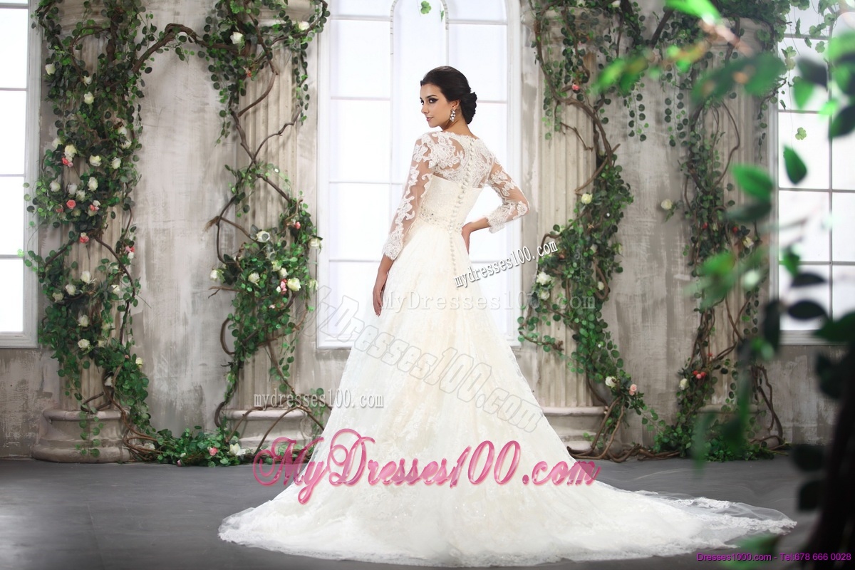 White V Neck Lace Wedding Dresses with Brush Train and Beading