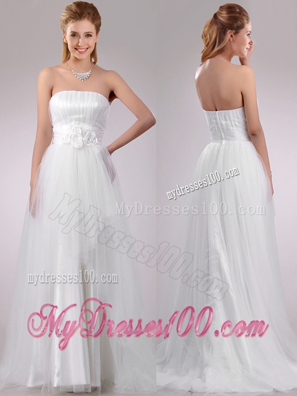 Wonderful Strapless Brush Train Wedding Dress with Handcrafted Flowers