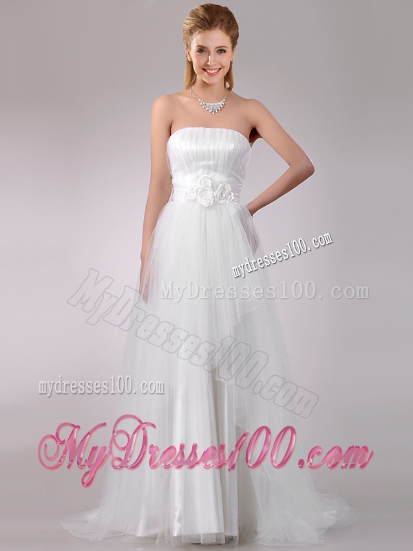 Wonderful Strapless Brush Train Wedding Dress with Handcrafted Flowers