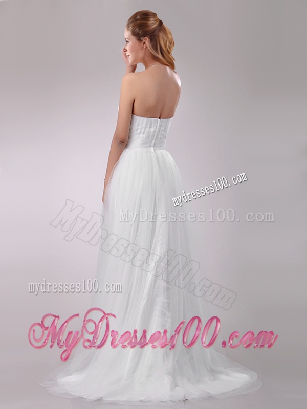 Wonderful Strapless Brush Train Wedding Dress with Handcrafted Flowers