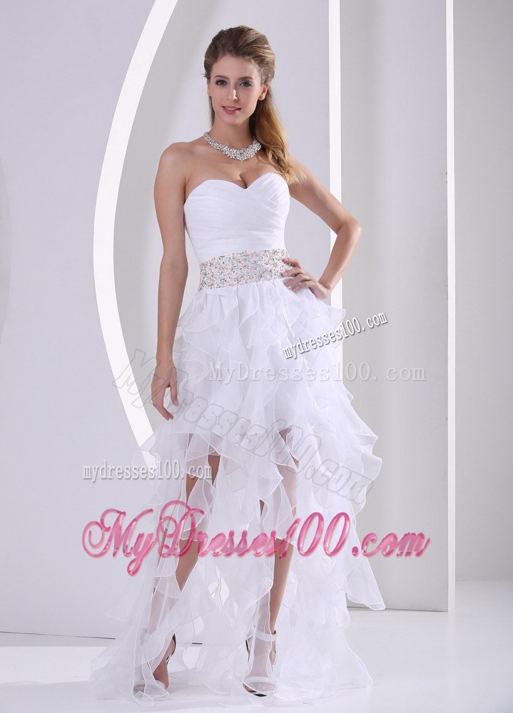 Special White Ruffles Asymmetrical Prom Dress with Beading On The Waist