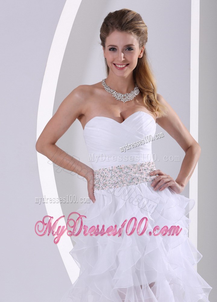 Special White Ruffles Asymmetrical Prom Dress with Beading On The Waist