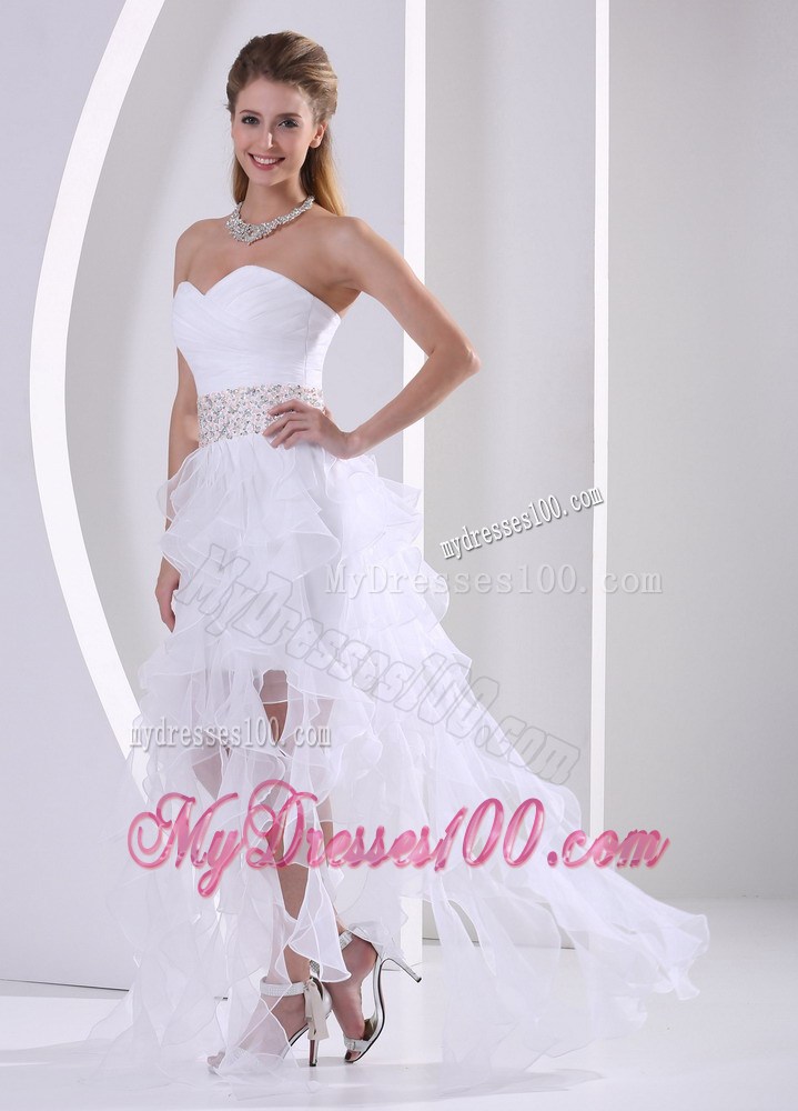 Special White Ruffles Asymmetrical Prom Dress with Beading On The Waist