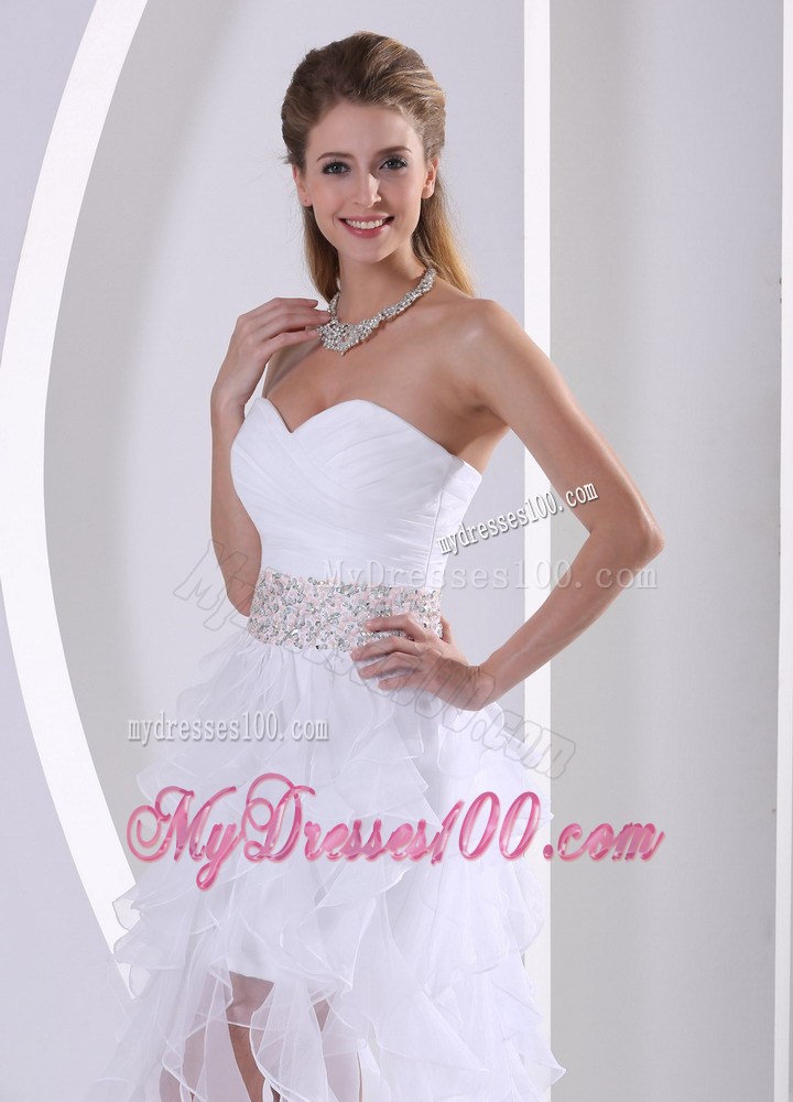 Special White Ruffles Asymmetrical Prom Dress with Beading On The Waist