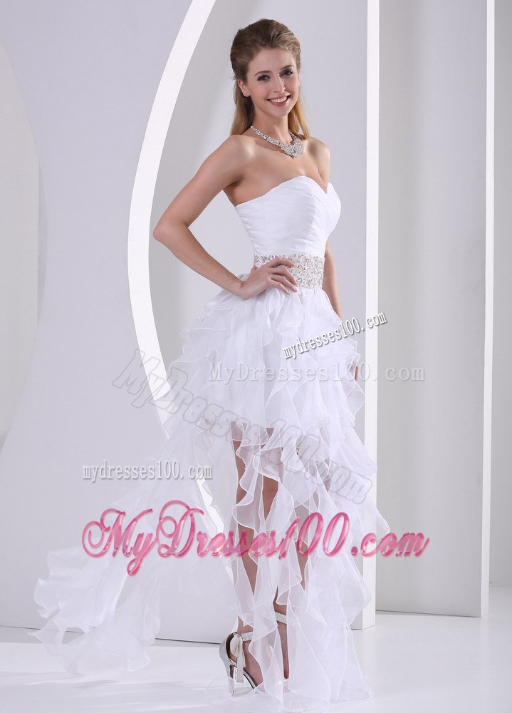 Special White Ruffles Asymmetrical Prom Dress with Beading On The Waist