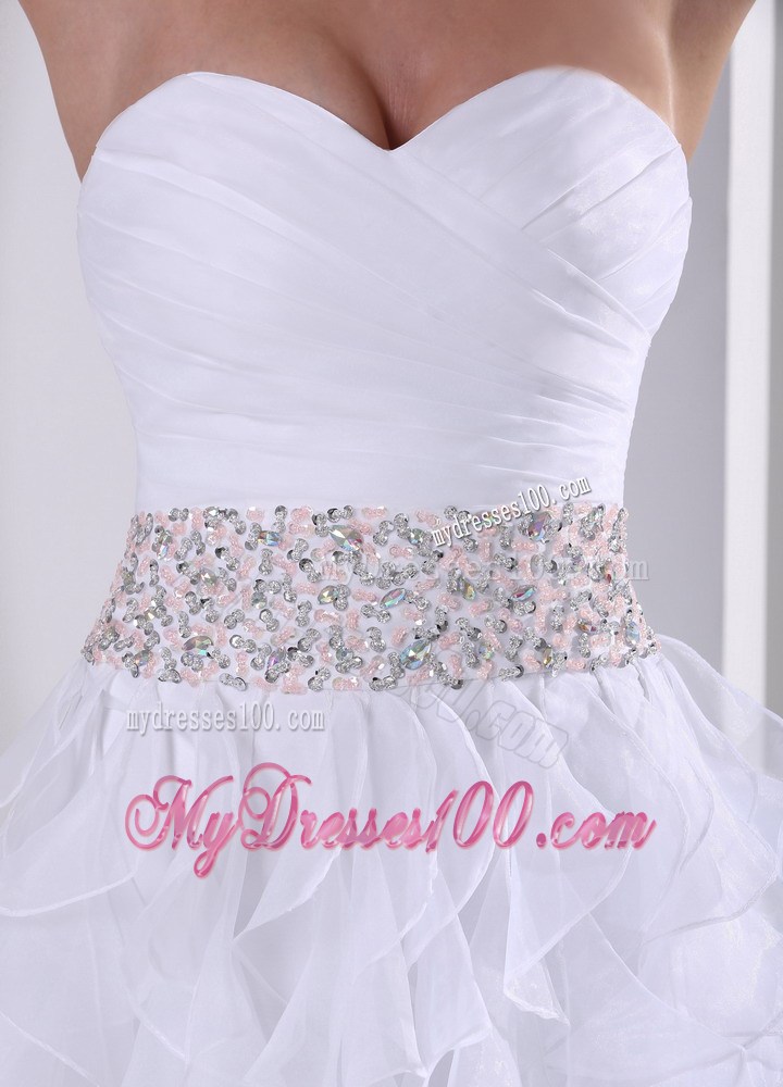Special White Ruffles Asymmetrical Prom Dress with Beading On The Waist