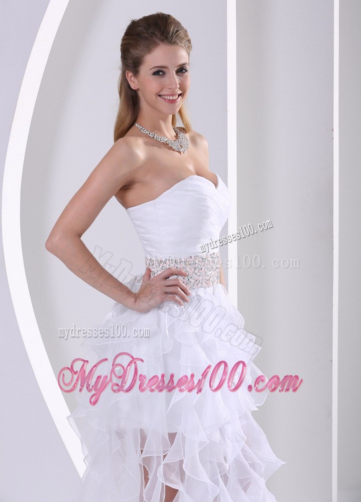 Special White Ruffles Asymmetrical Prom Dress with Beading On The Waist