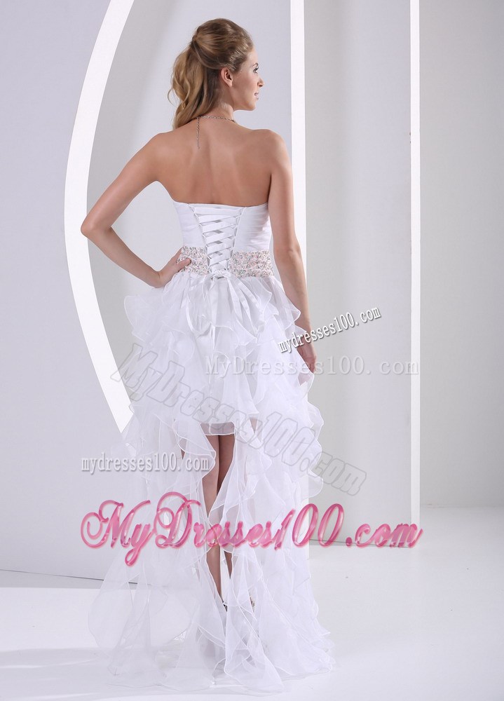 Special White Ruffles Asymmetrical Prom Dress with Beading On The Waist