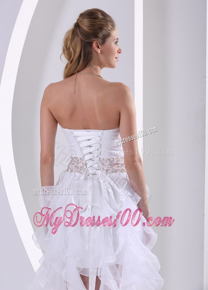 Special White Ruffles Asymmetrical Prom Dress with Beading On The Waist