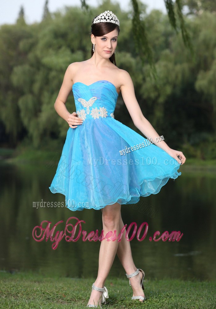 Short Hand Made Beaded Organza Aqua Blu Prom Evening Dresses with Appliques