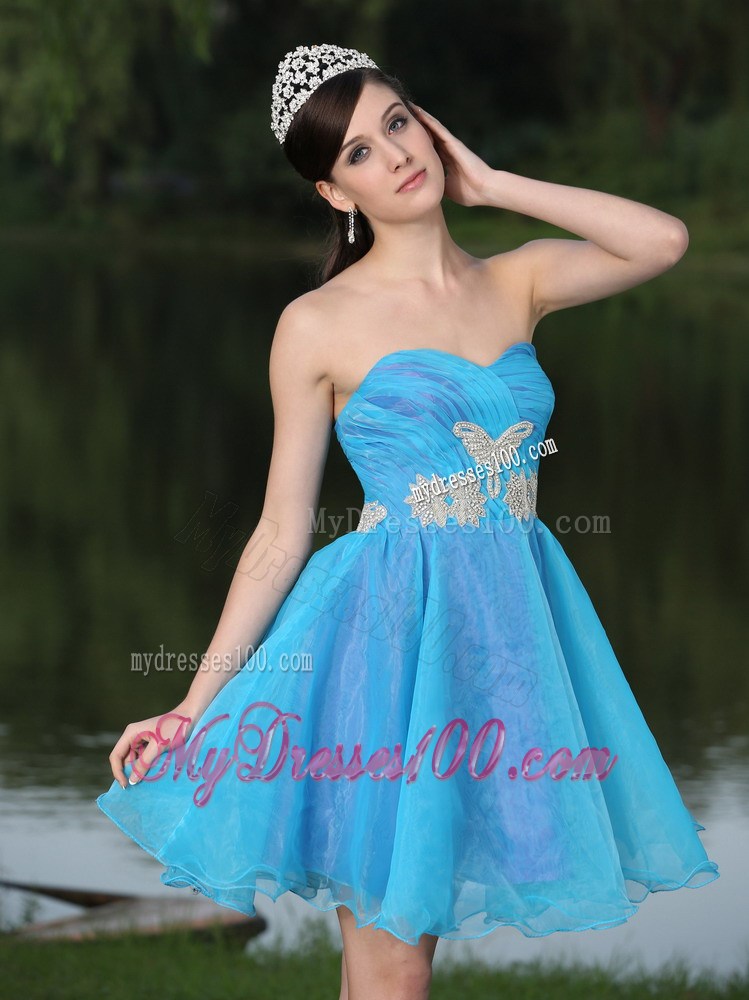 Short Hand Made Beaded Organza Aqua Blu Prom Evening Dresses with Appliques